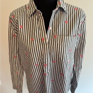 Striped Black and White Shirt with Red Floral Accents